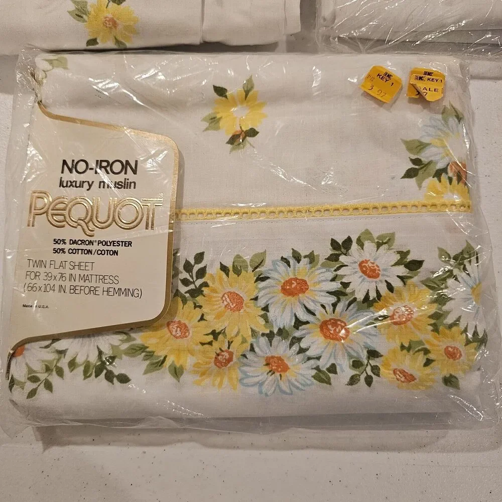 Pequot‎ Twin Size Vintage Muslin Sheet Set Standard Pillowcases White Floral New